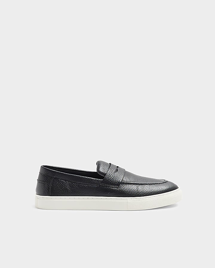 Black leather slip on loafers