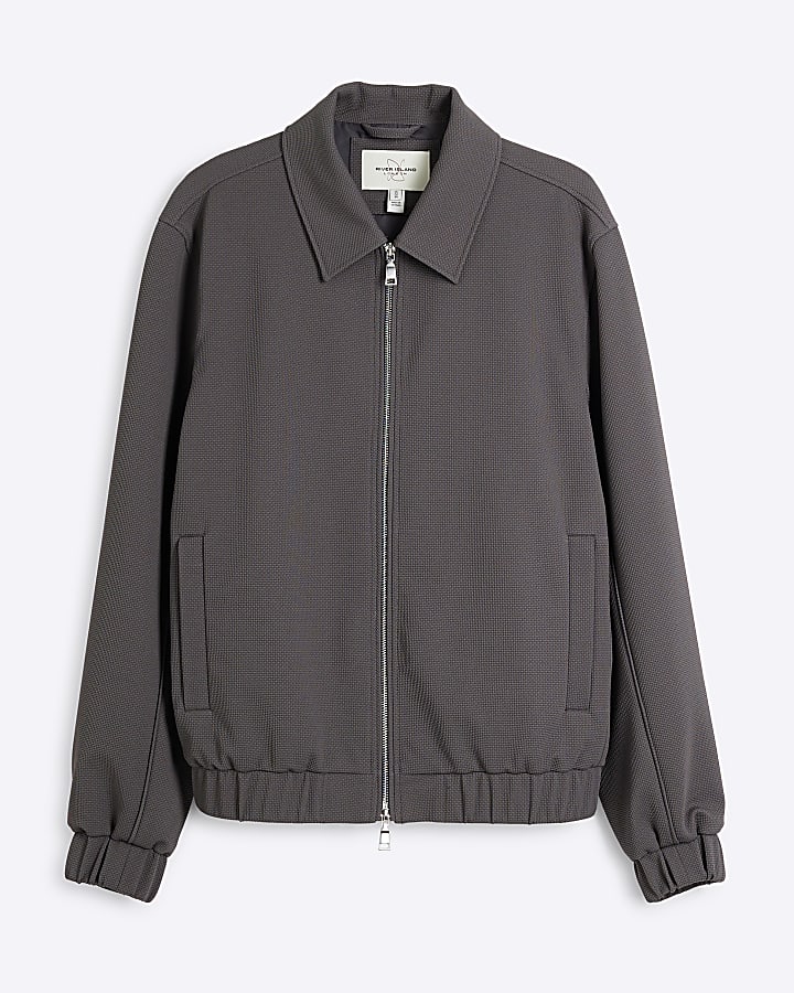 Grey Regular Fit Waffle Harrington Jacket
