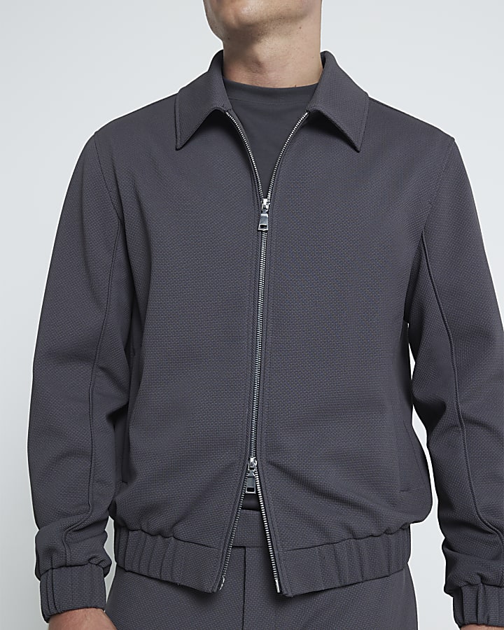 Grey Regular Fit Waffle Harrington Jacket