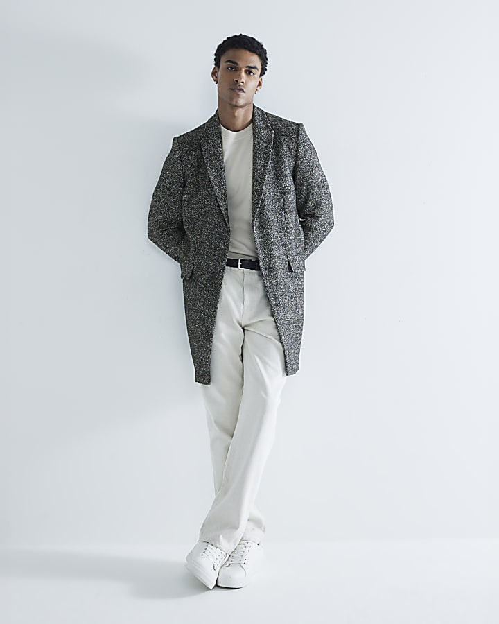 Grey Textured Slim Overcoat