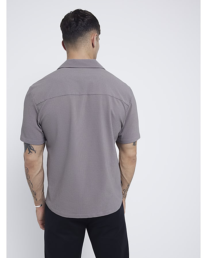 Grey Regular Fit Seersucker Revere Shirt