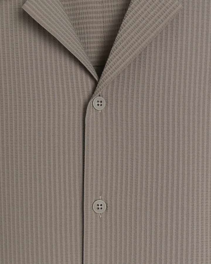 Grey Regular Fit Seersucker Revere Shirt