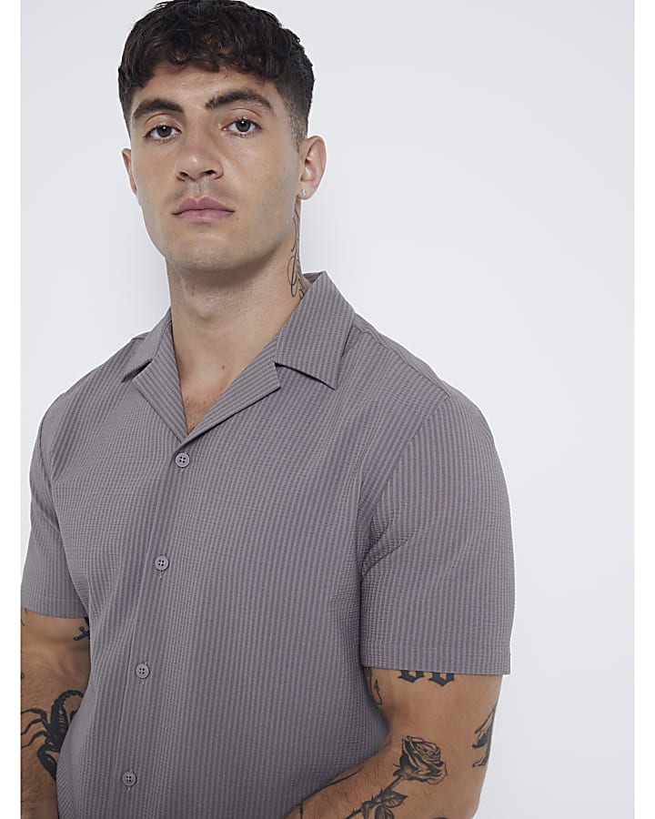 Grey Regular Fit Seersucker Revere Shirt
