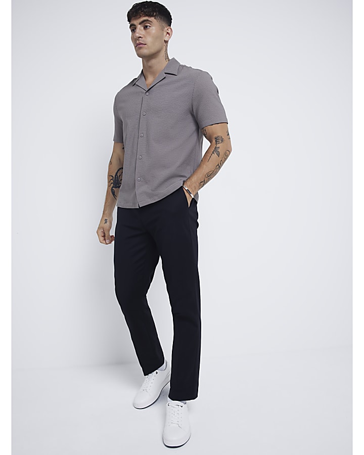 Grey Regular Fit Seersucker Revere Shirt