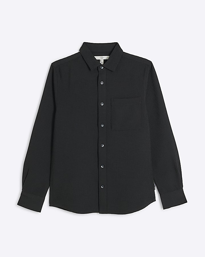 Black slim fit waffle textured shirt