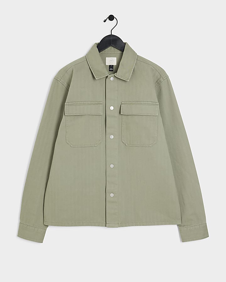 Khaki Regular Fit Herringbone Overshirt