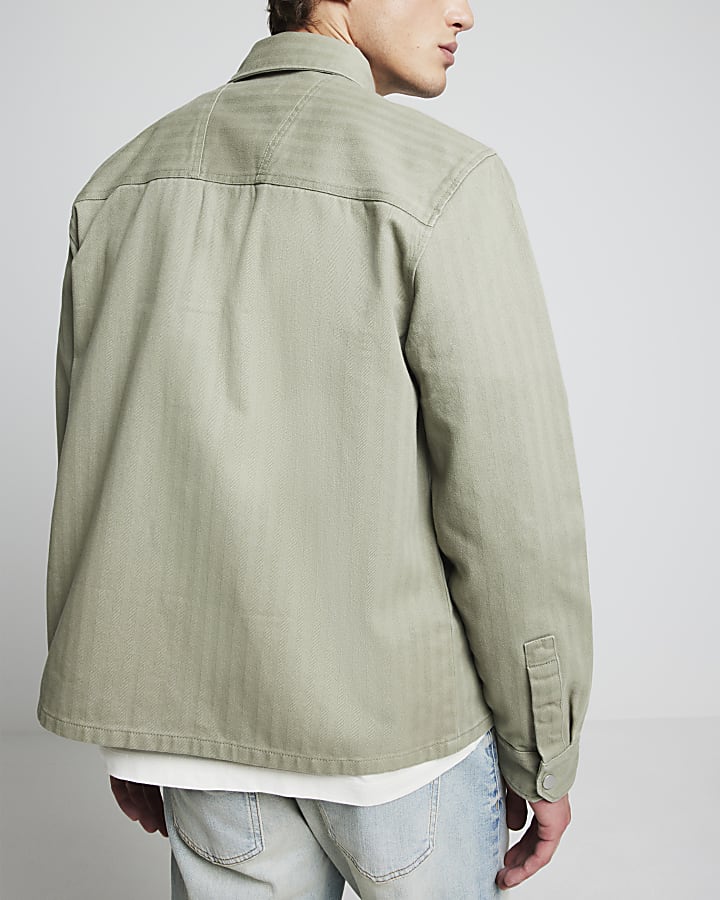 Khaki Regular Fit Herringbone Overshirt