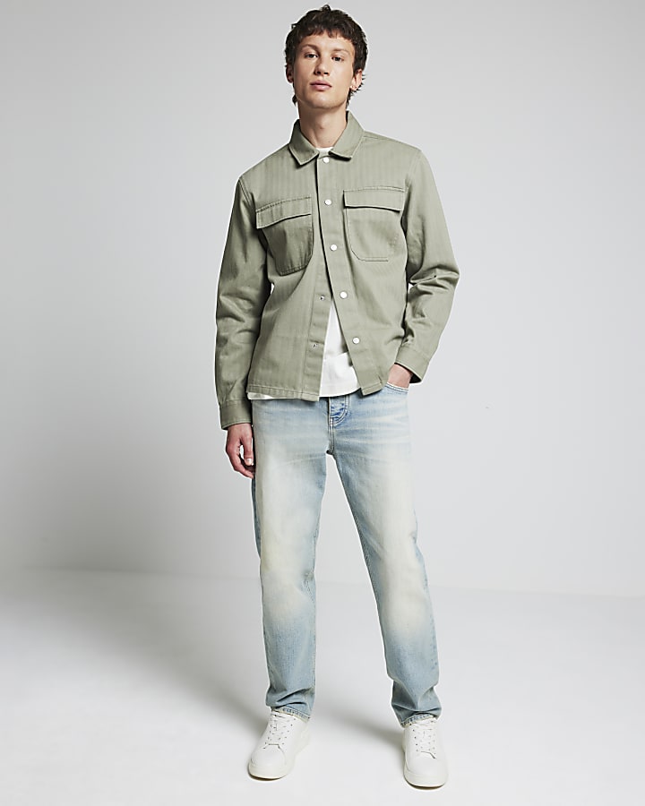 Khaki Regular Fit Herringbone Overshirt