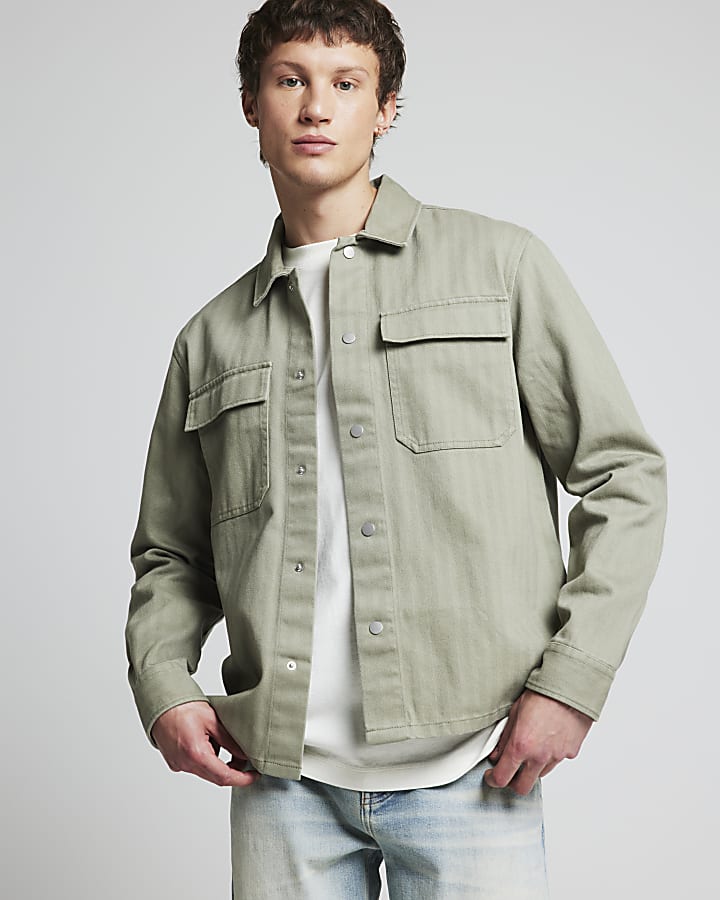 Khaki Regular Fit Herringbone Overshirt