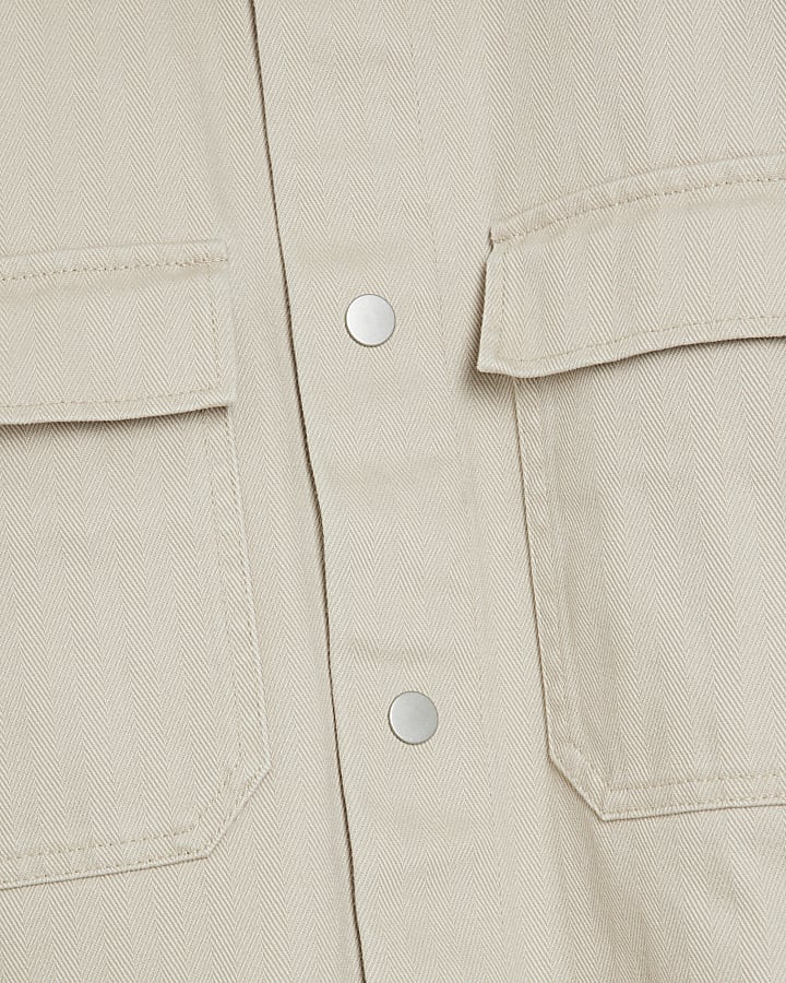 Beige Regular Fit Herringbone Overshirt