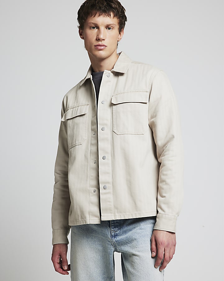 Beige Regular Fit Herringbone Overshirt