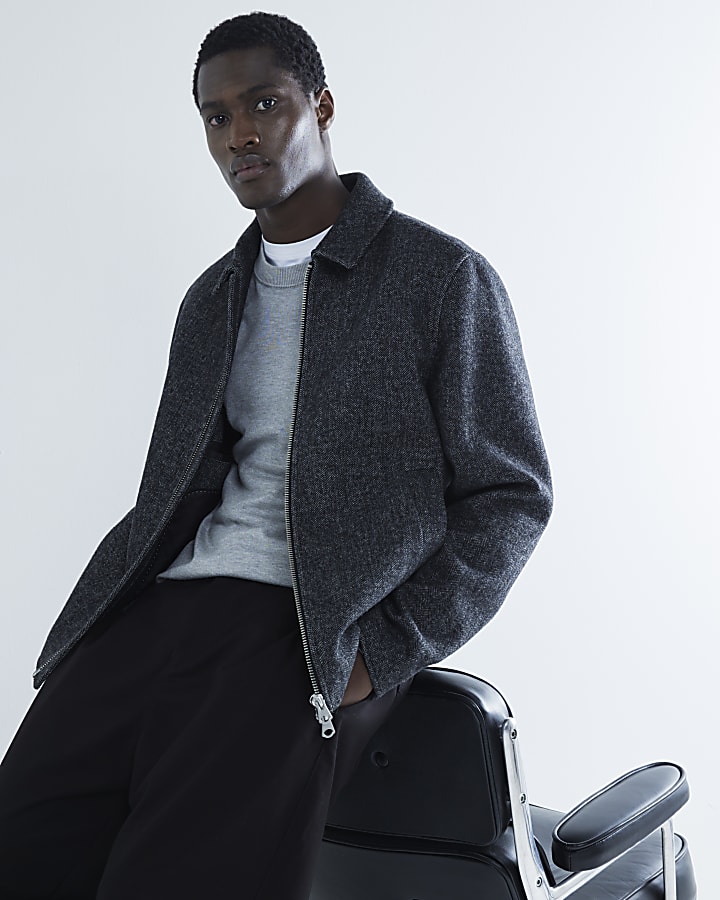 Grey Twill Zip Up Wool Blend Jacket