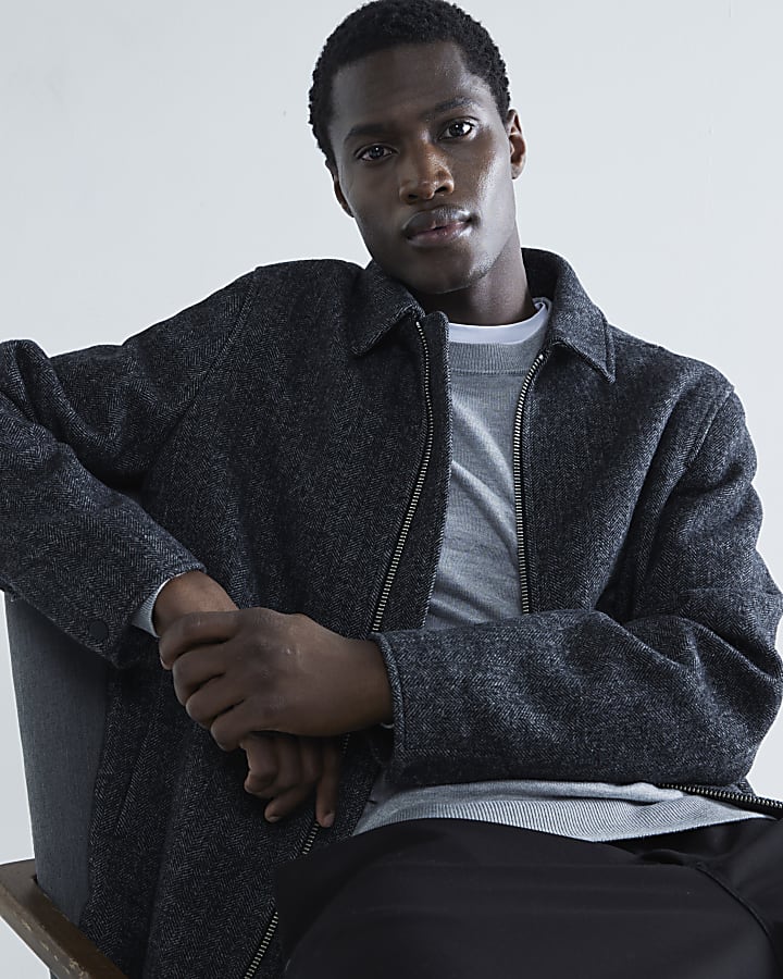Grey Twill Zip Up Wool Blend Jacket