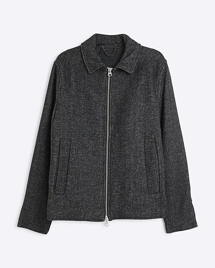 Grey Twill Zip Up Wool Blend Jacket