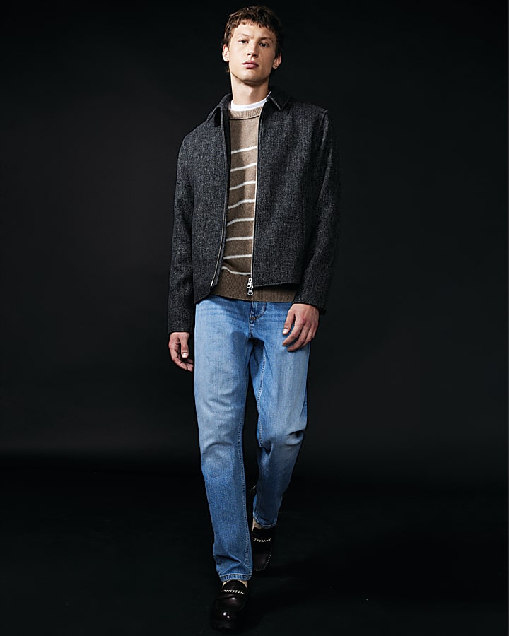 Grey Twill Zip Up Wool Blend Jacket