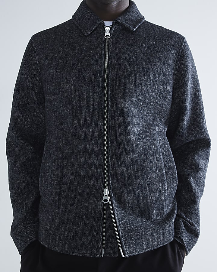 Grey Twill Zip Up Wool Blend Jacket