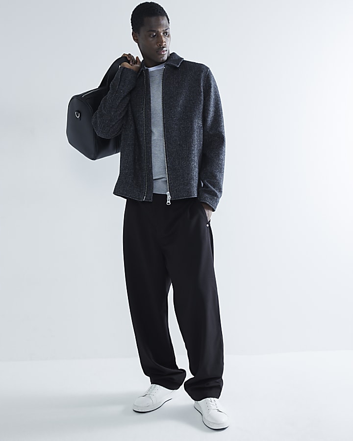 Grey Twill Zip Up Wool Blend Jacket