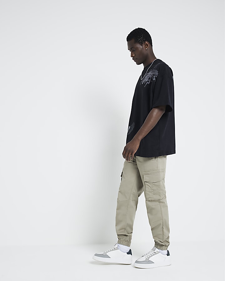 Beige regular fit cuffed cargo trousers