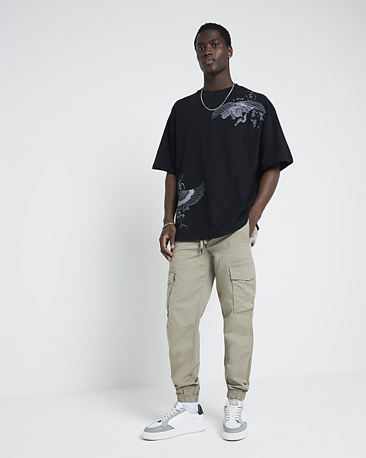Beige regular fit cuffed cargo trousers