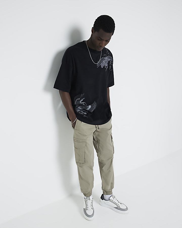 Beige regular fit cuffed cargo trousers