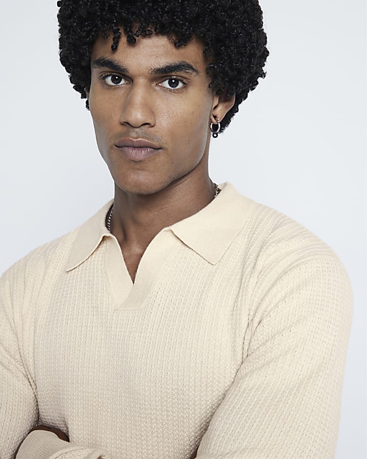 Beige Textured Slim Fit Polo Jumper