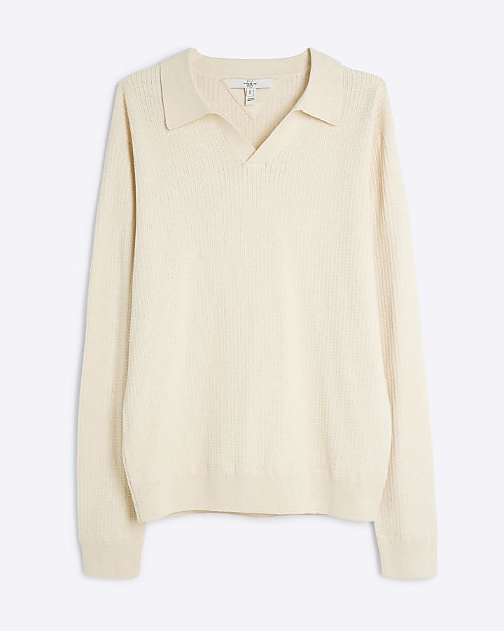 Beige Textured Slim Fit Polo Jumper