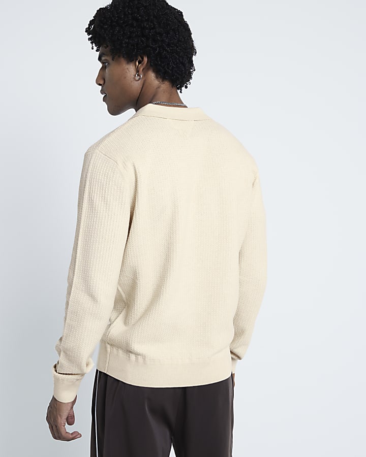 Beige Textured Slim Fit Polo Jumper