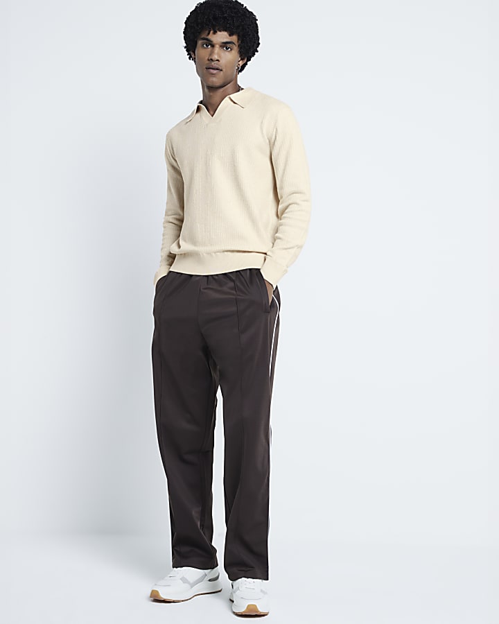 Beige Textured Slim Fit Polo Jumper