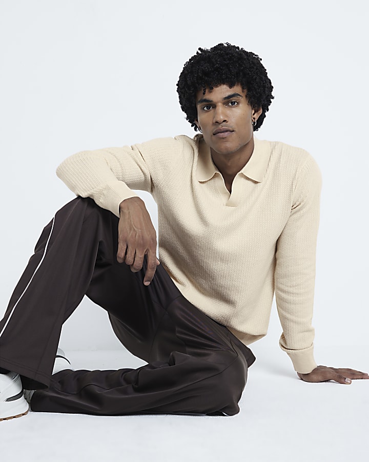 Beige Textured Slim Fit Polo Jumper