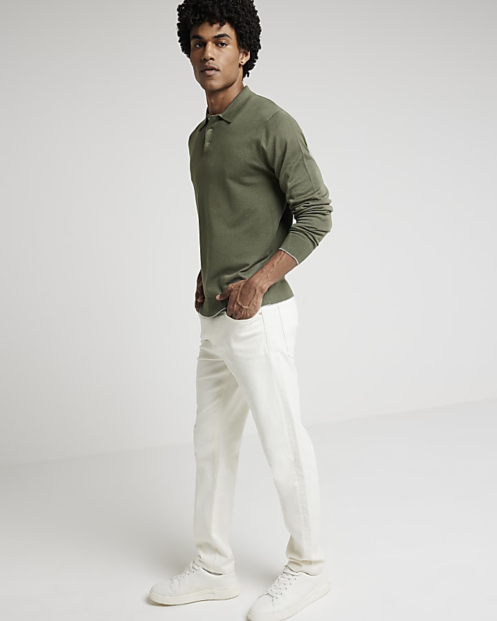 Khaki slim fit knit polo jumper