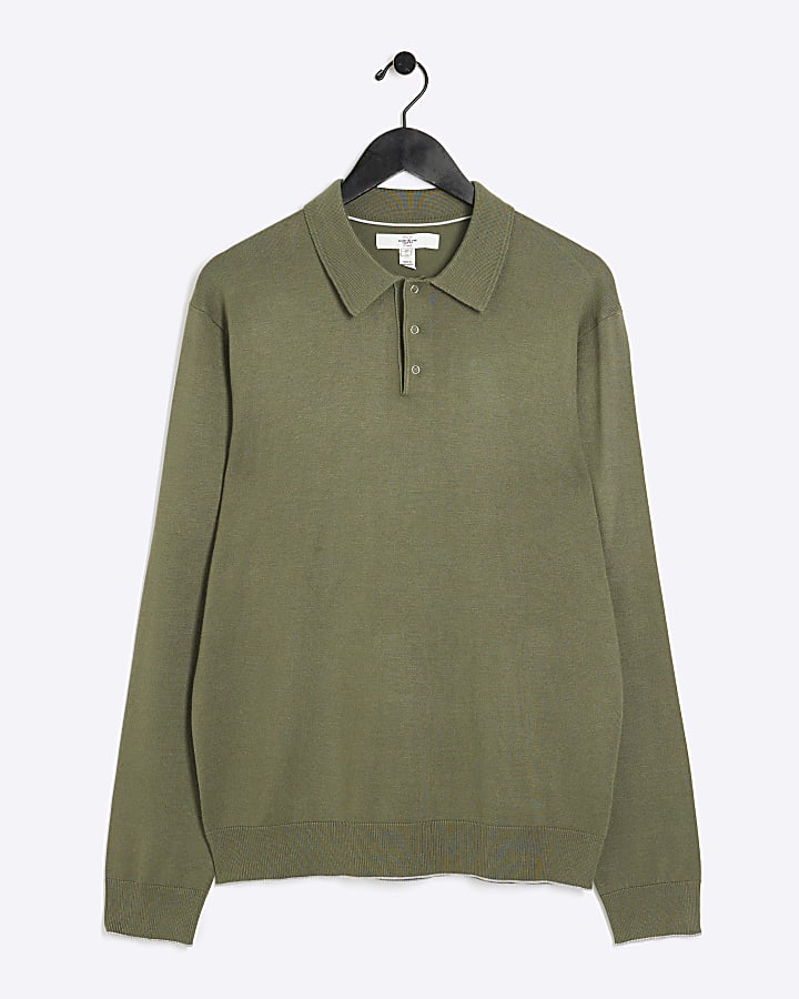 Khaki slim fit knit polo jumper