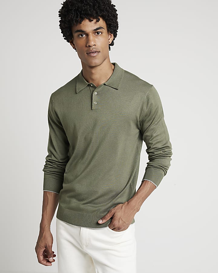 Khaki slim fit knit polo jumper