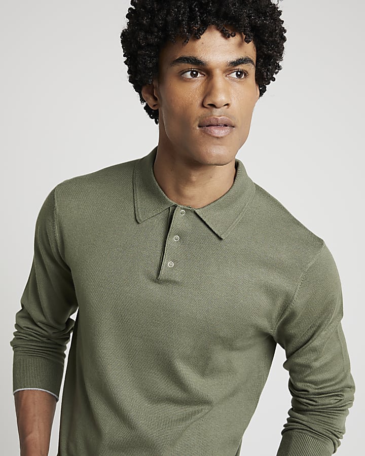 Khaki slim fit knit polo jumper