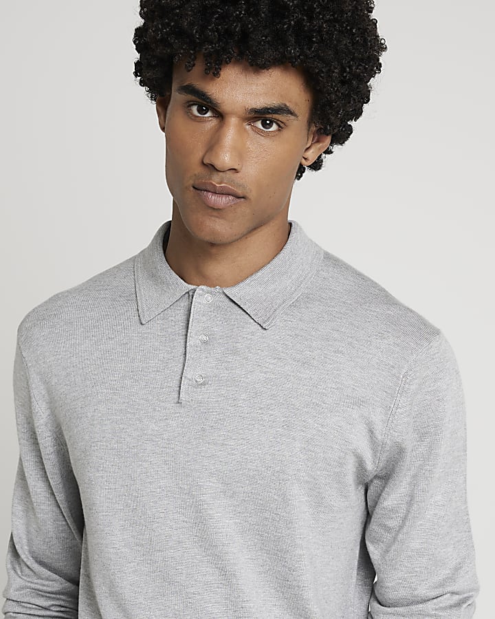 Grey slim fit knit polo jumper