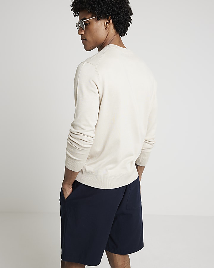 Beige slim fit knit crew neck jumper