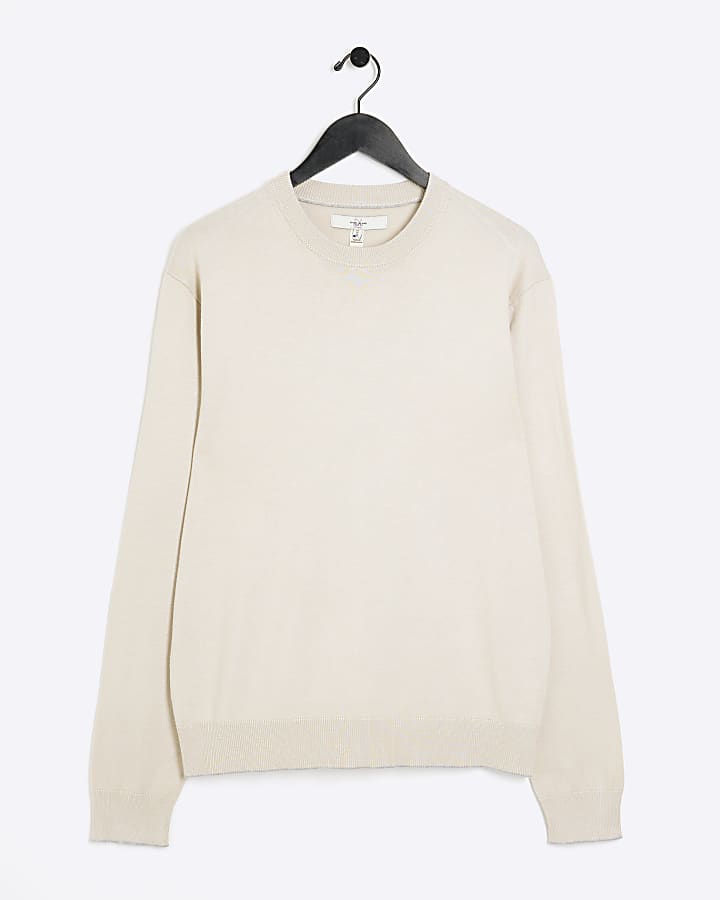 Beige slim fit knit crew neck jumper