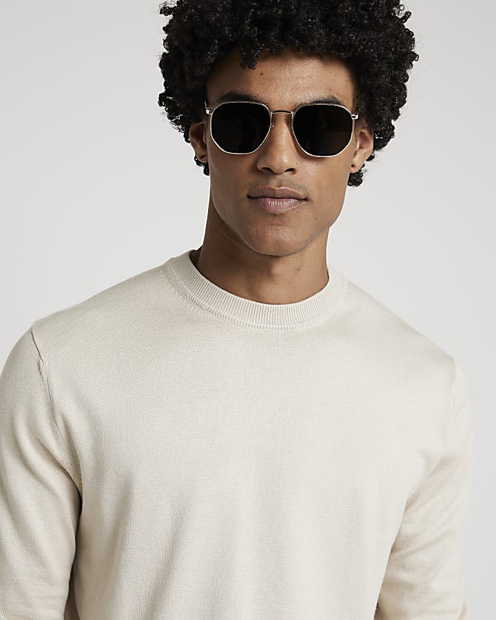Beige slim fit knit crew neck jumper