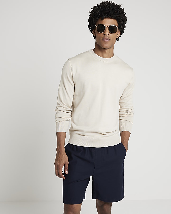 Beige slim fit knit crew neck jumper