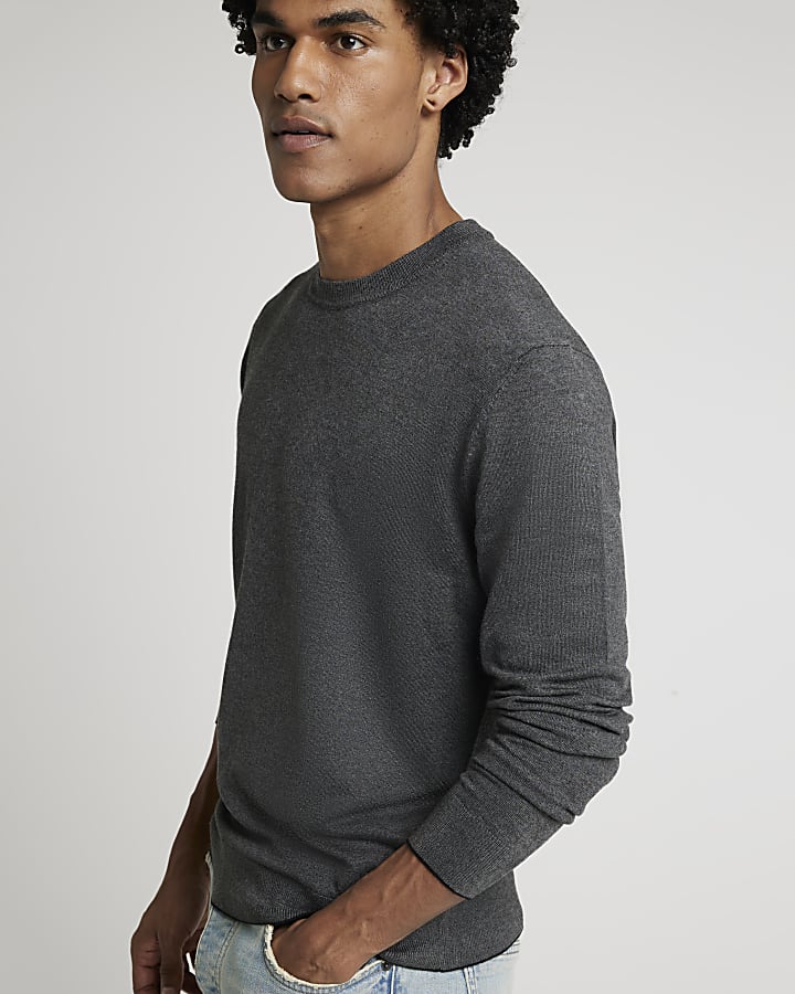 Grey slim fit knit crew neck jumper