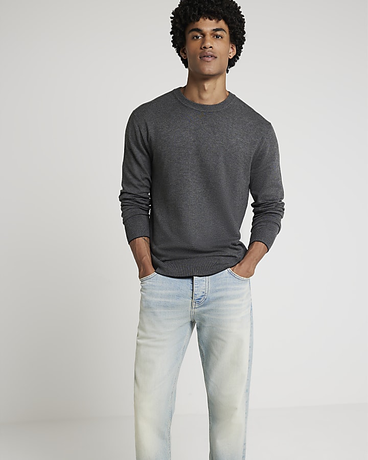 Grey slim fit knit crew neck jumper