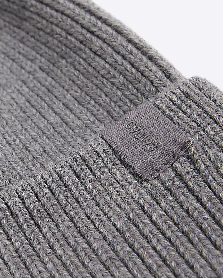 Grey Ribbed Knitted Beanie Hat