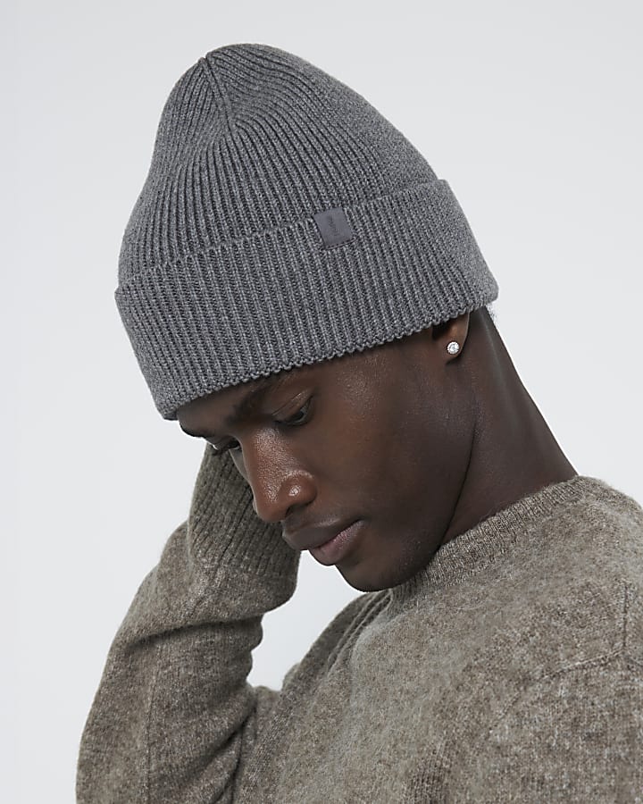 Grey Ribbed Knitted Beanie Hat