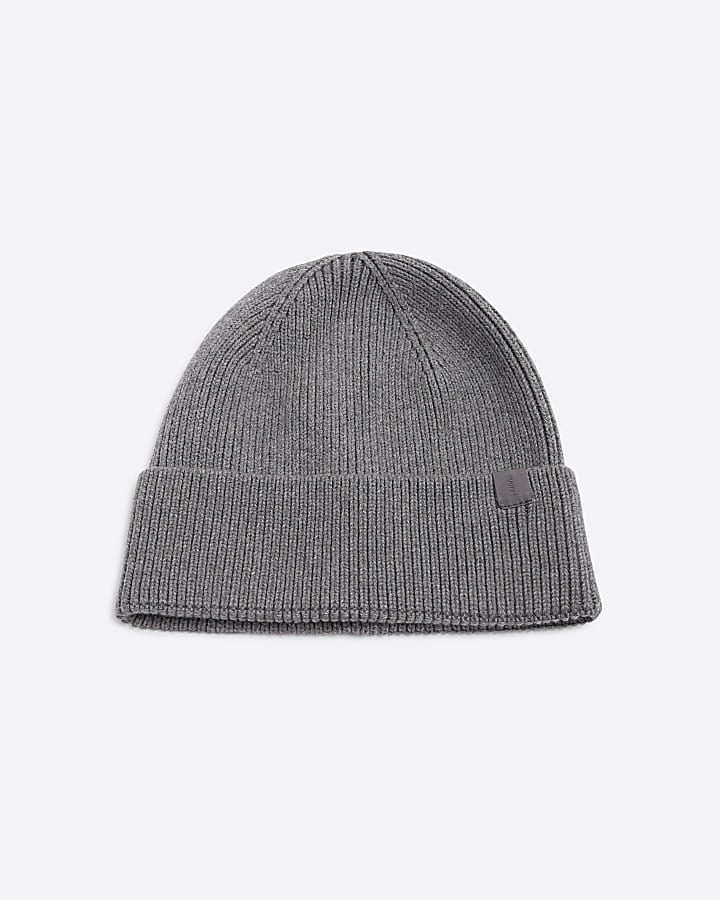 Grey Ribbed Knitted Beanie Hat