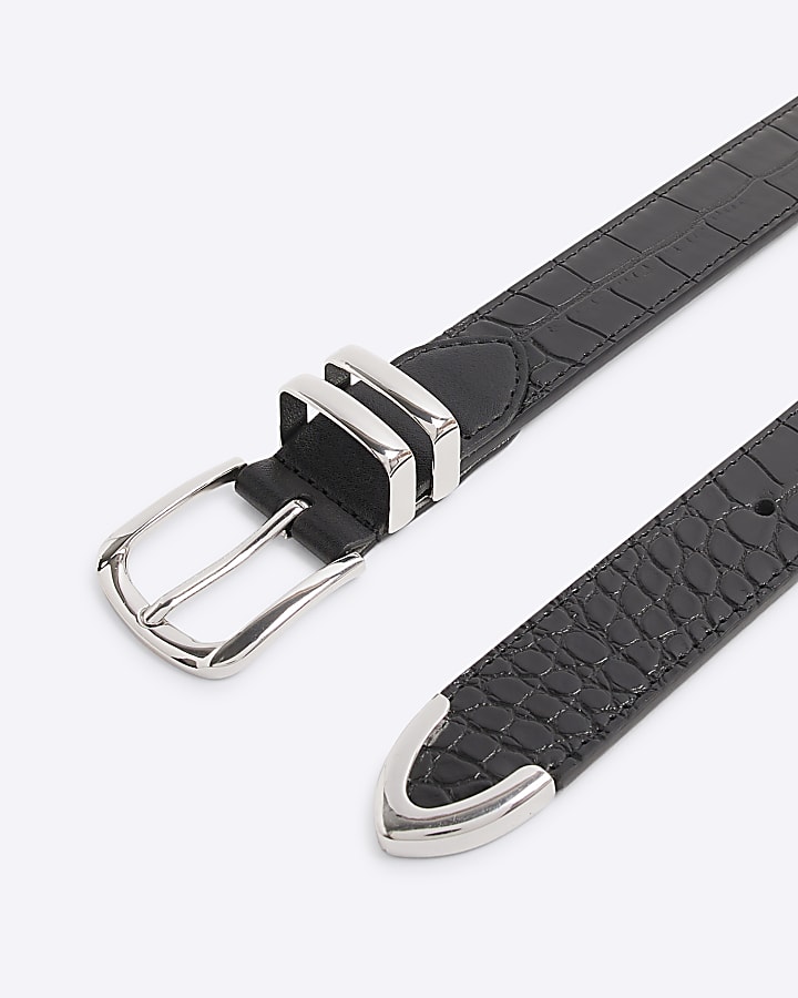 Black croc embossed western belt