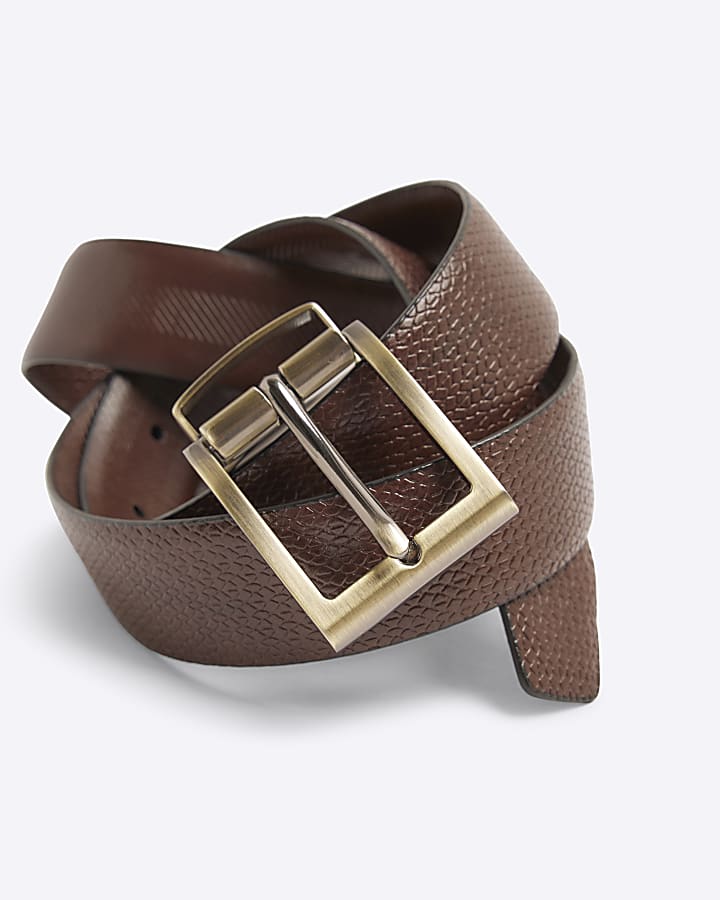 Brown faux leather reversible textured belt