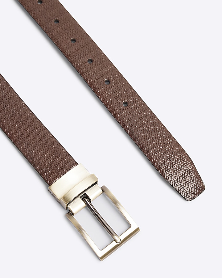 Brown faux leather reversible textured belt