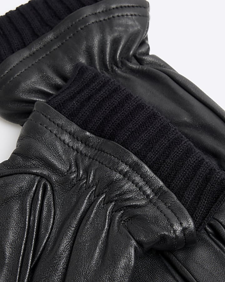 Black Leather Rib Cuff Gloves