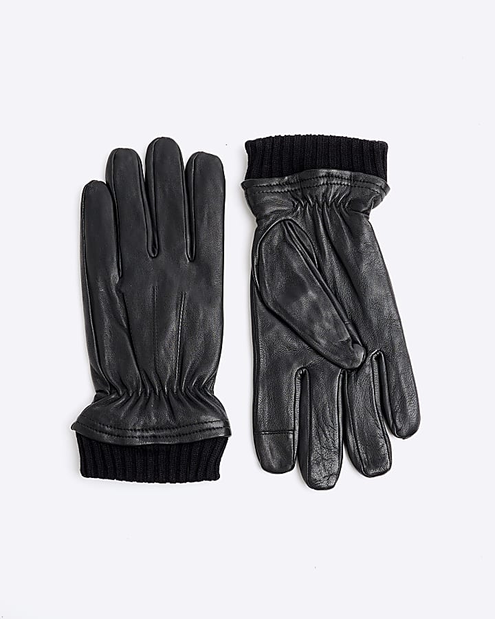 Black Leather Rib Cuff Gloves