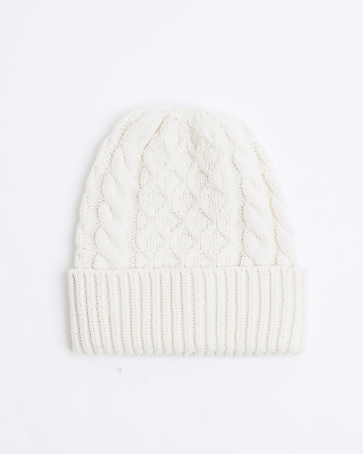 Beige chunky cable knit beanie hat