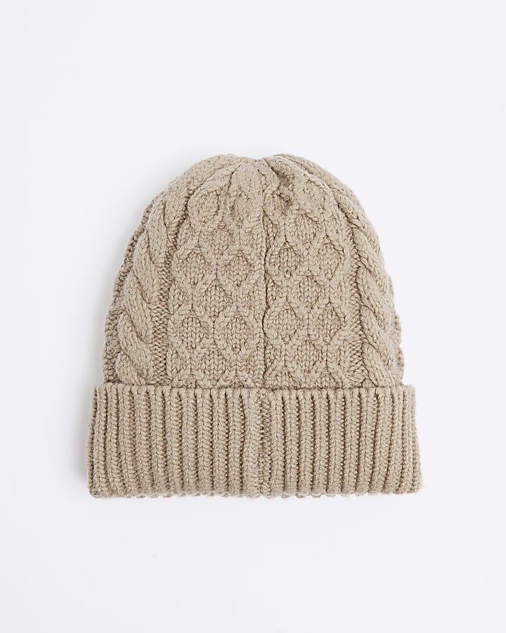 Khaki Chunky Cable Knit Beanie Hat